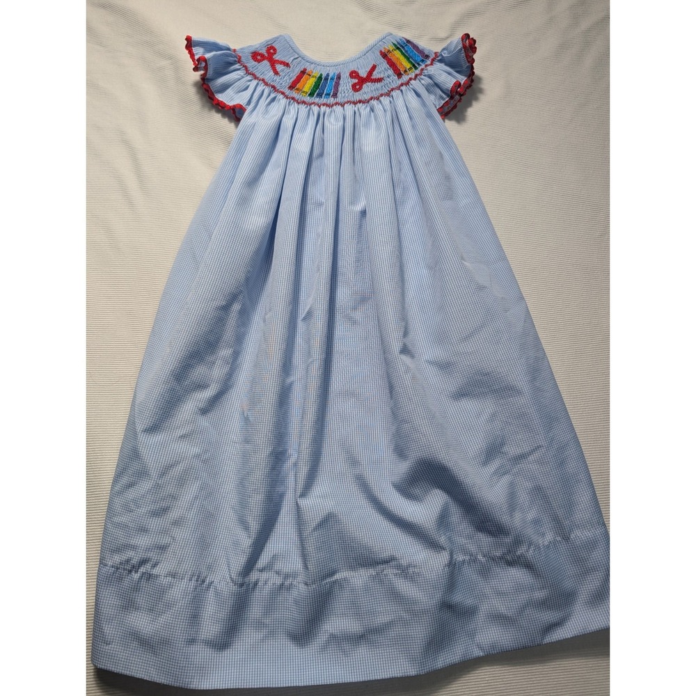 Dibble Dabble Girls 3T Smocked School Dress Gingham Crayon Scissors Blue Red